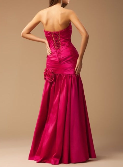 Elegant Fuchsia Strapless Dropped Waist Prom Dress With Flower Detail